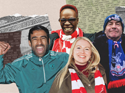 Collage of four jubilant football fans in team scarves celebrating.